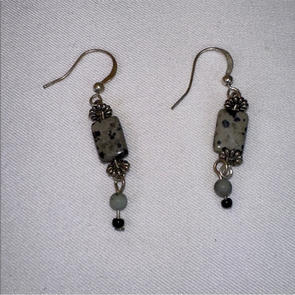 Dalmatian Jasper & Beaded Silver-Tone HandcraftedcDangle Earrings